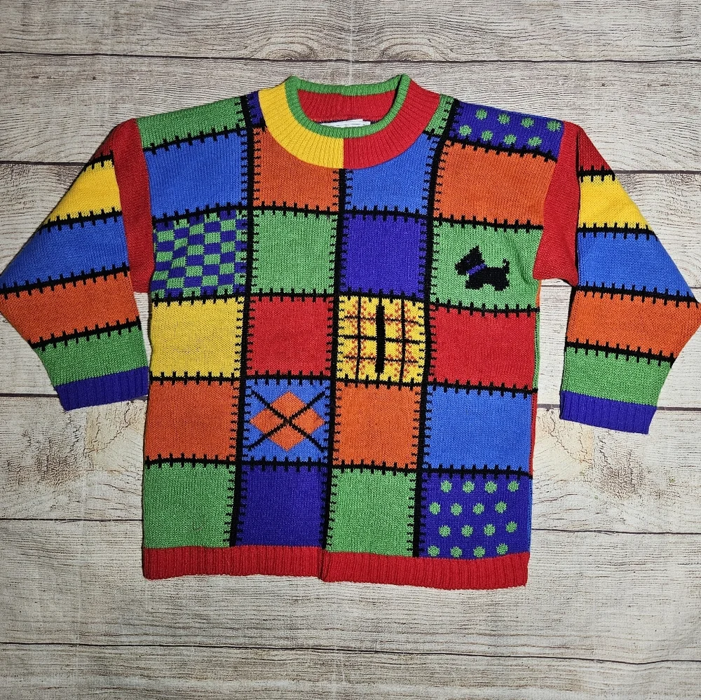 Vintage 80s 90s knit waves mini waves block multi color stitch crewneck sweater